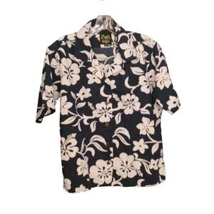 Benny's Mens Hawaiian Aloha Shirt M Blue White Plumeria Hibiscus Floral Tropical